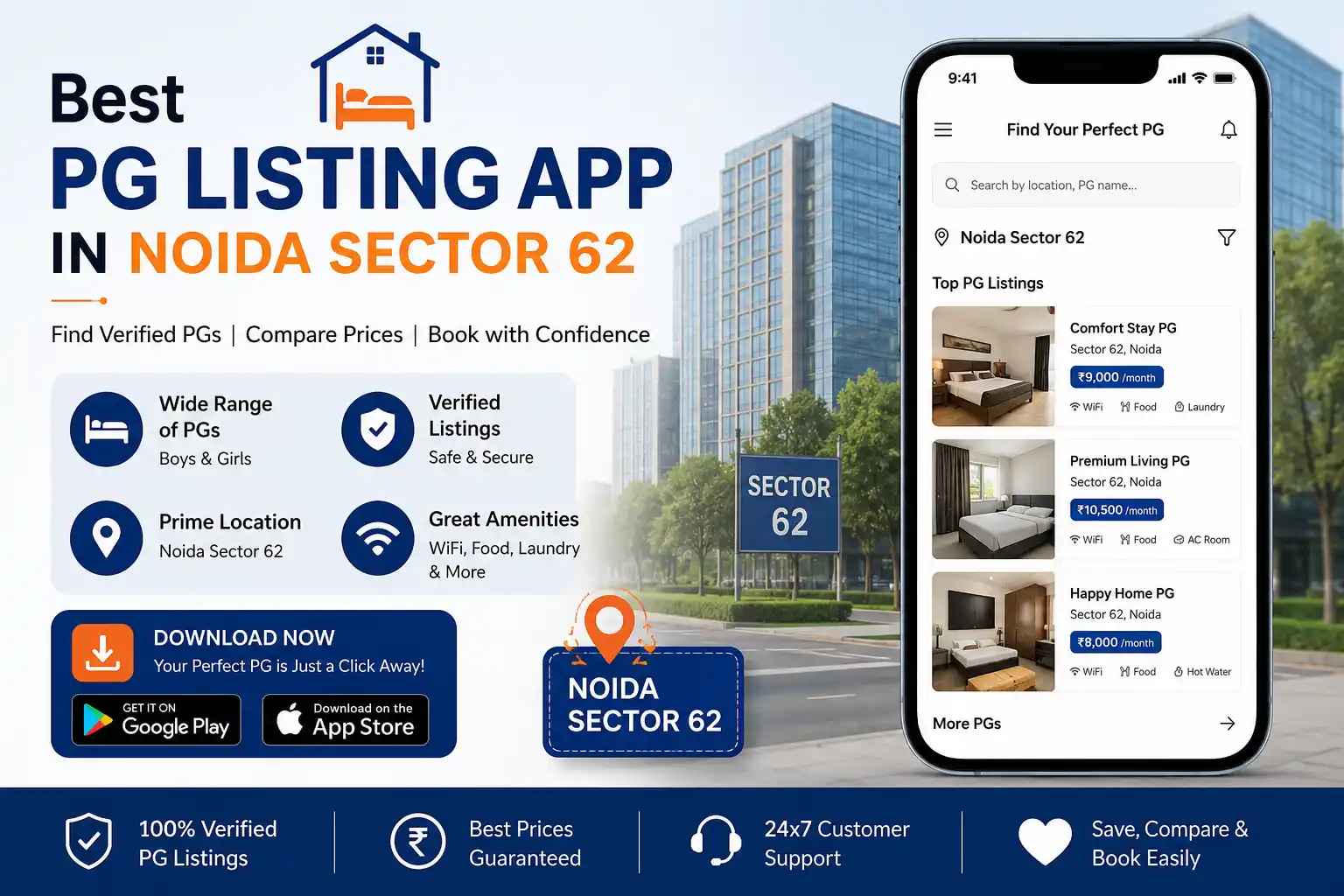 Best PG Listing App in Noida Sector 62 | Find Verified PGs Online