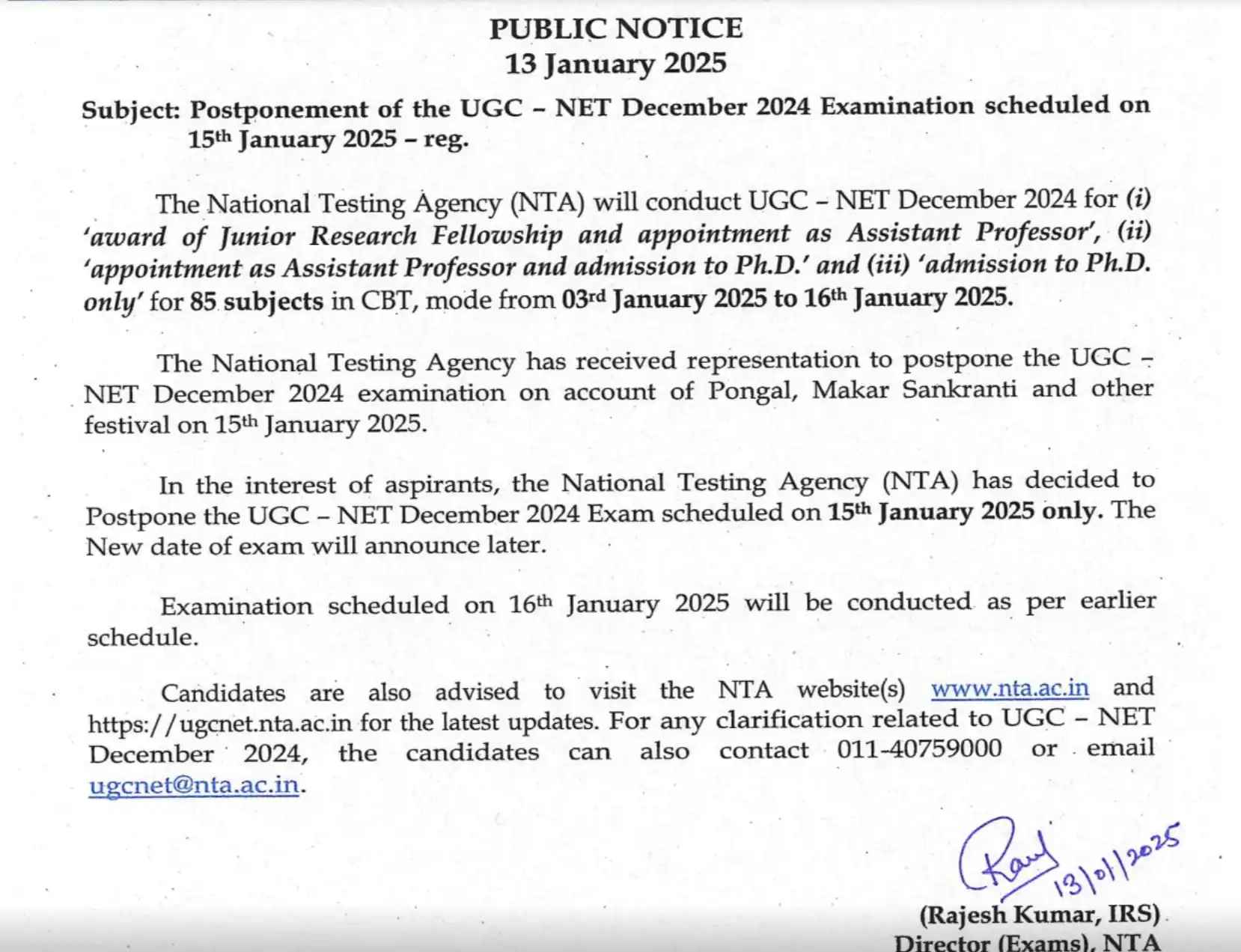 UGC NET exam rejanuary 15