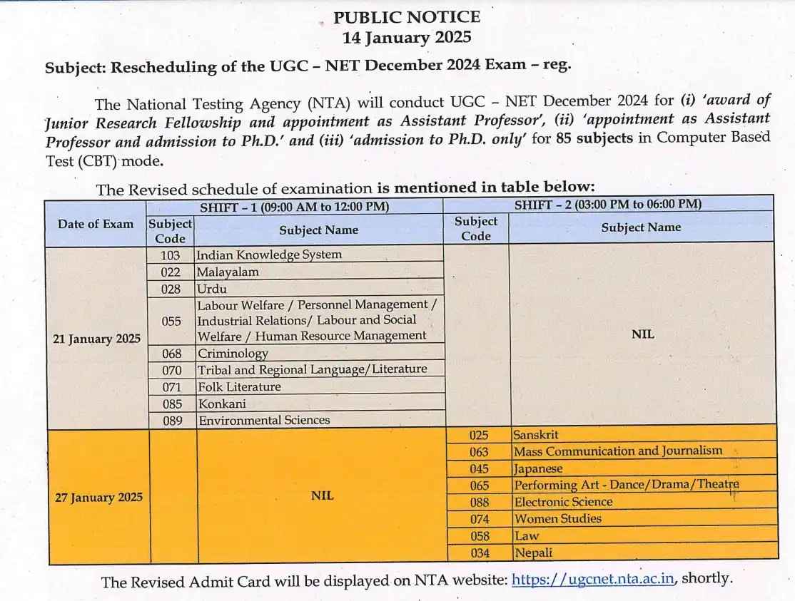Rescheduling of the UGC-NET December 2024 Exam